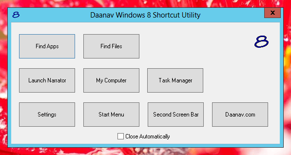 Daanav Windows 8 Shortcut Utility Launch Windows 8 Features Easily with Mouse instead of Windows 8 Keyboard Shortcuts