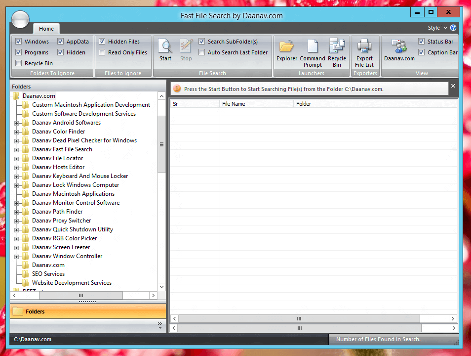 Screenshot of Fast File Search Utility captured on a Windows 8 Computer