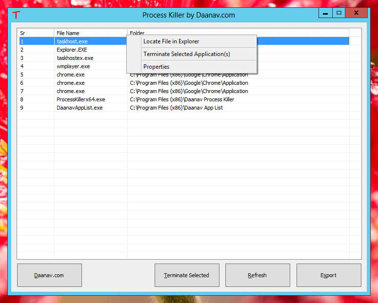 Screenshot of Process Killer which can be used as a Task Manager Alternative