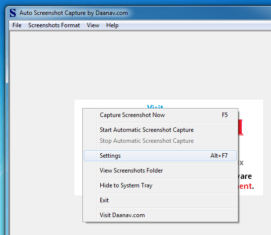 Right Click Menu of Automatic Screenshot Capture Software