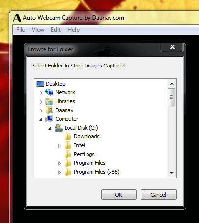 Select Folder in Auto webcam Capture Software