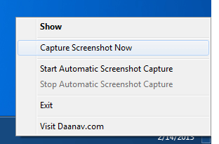 System Tray Menu of Automatic Screenshot Capture Software Utility