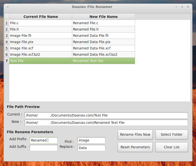 Linux File Renamer running on Linux Mint