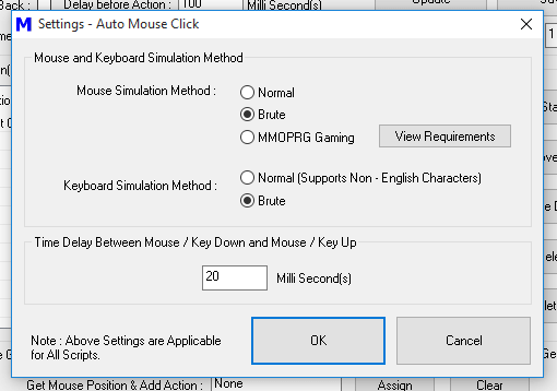 Auto Mouse Click Software Settings Screen to configure Mouse and Keyboard Simulation Mode