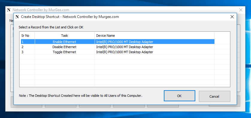 Create Desktop Shortcut to Enable or Disable Network Adapter