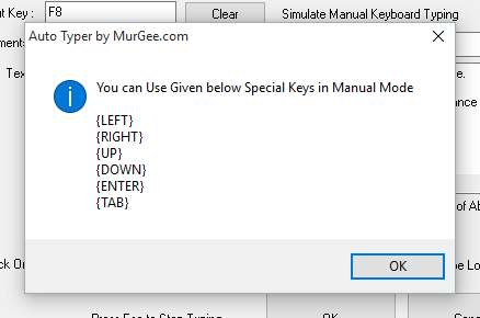 Special Keys in Automated Manual Typing Mode