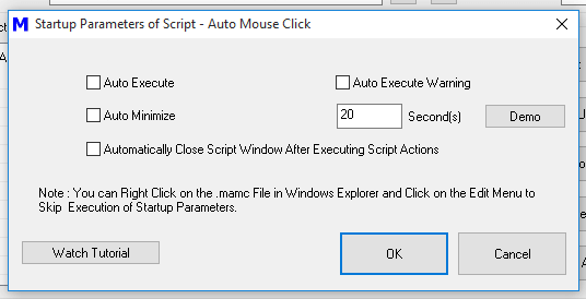 Startup Parameters Screen of Auto Mouse Click Software