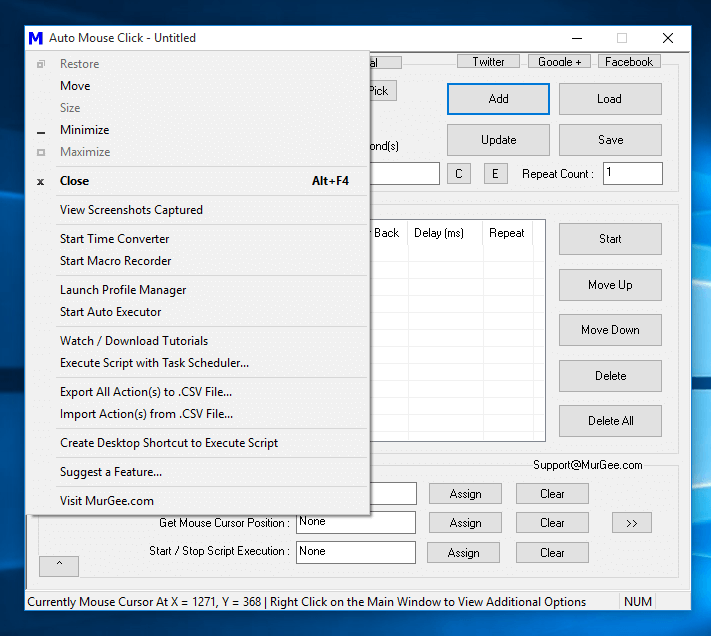 System Menu of Auto Mouse Click Offering Extra Features