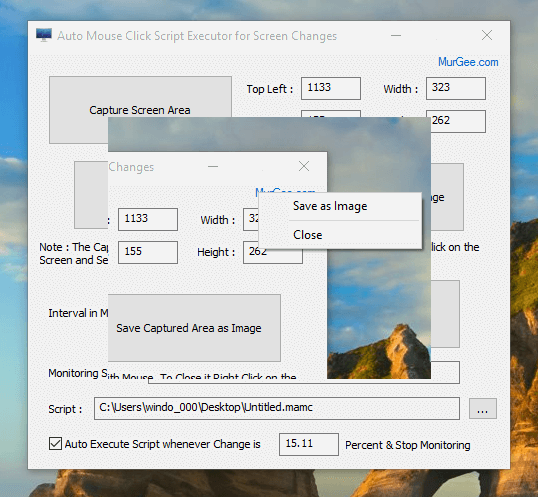 View Screen Area to Monitor for Changes or Save as an Image