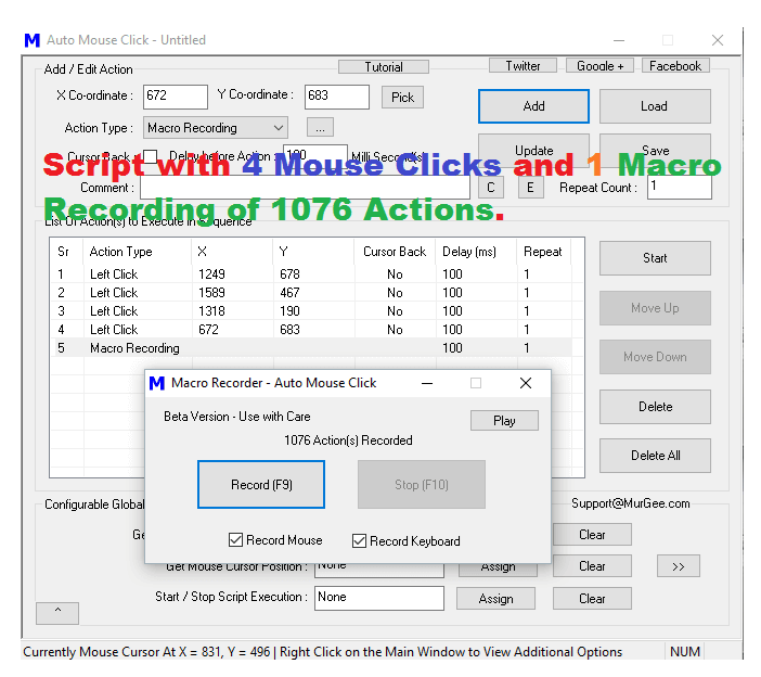 Macro Script with Automatic Mouse Clicks and a Macro Recording